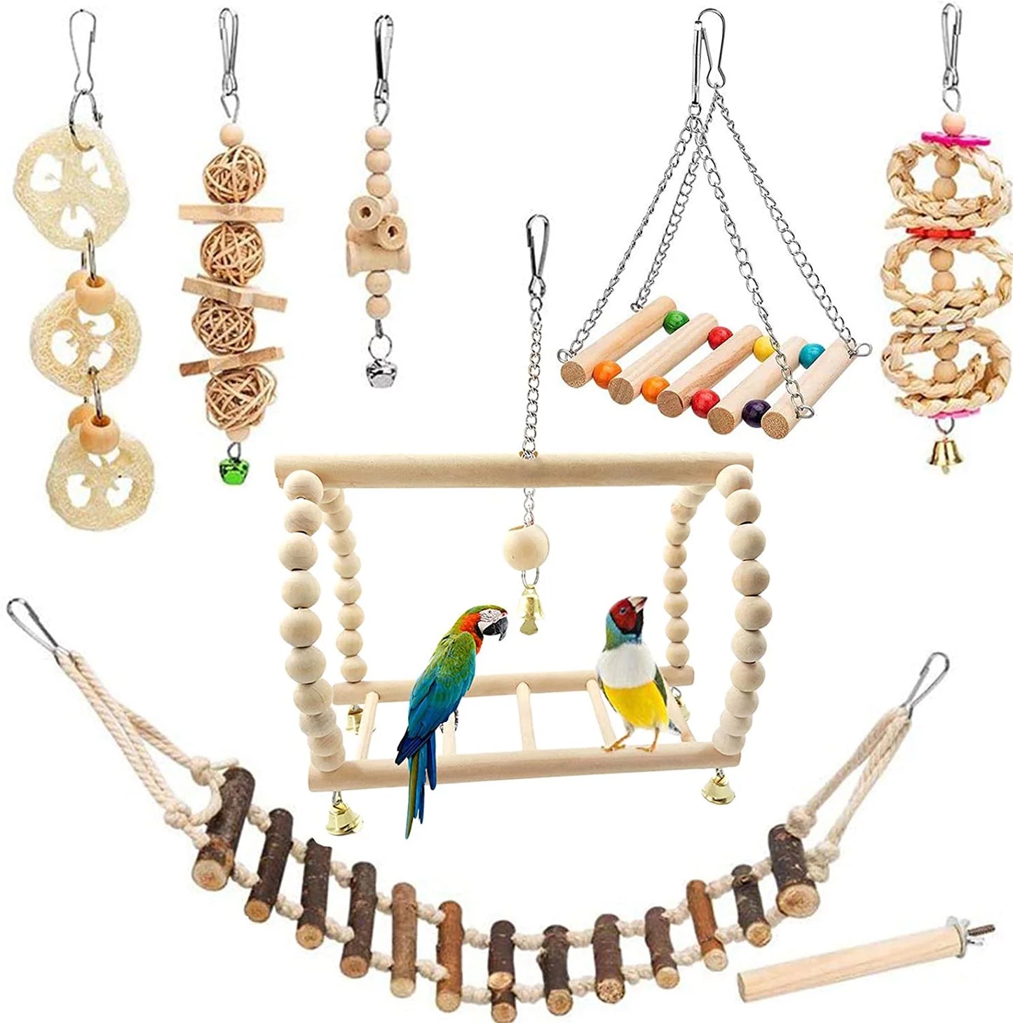 6 PCS Bird Toys Parakeet Toys, Colorful Parrot Toy for Small Parakeets Cockatiels Conures Finches Swing Chewing Hanging Bell Cage Hammock Toy